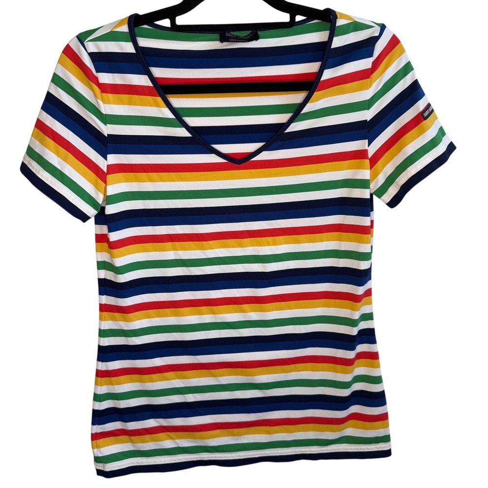 Saint James Women's Rainbow Stripe V-Neck T-Shirt Made in France Multi-Color Top